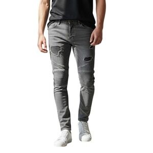 Distressed Moto Biker Jeans Grey Wash Ribbed Knee Grunge Punk Y2K Size 36
